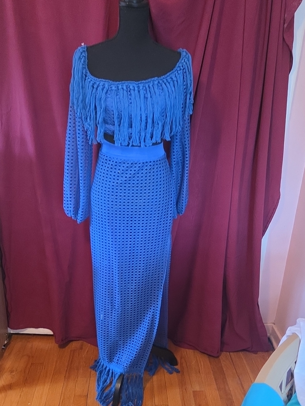 Blue Crochet Fringe Maxi Skirt - Brand Unspecified.